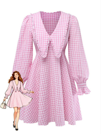 Rosa 50er Kleid mit Gingham und Puffärmeln