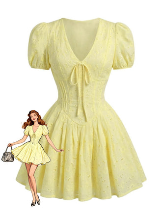 Gelbes 60er Baumwoll-Minikleid mit Blumenstickerei und Puffärmeln