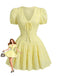 Gelbes 60er Baumwoll-Minikleid mit Blumenstickerei und Puffärmeln