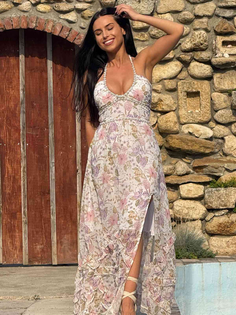Mehrfarbiges 30er Maxikleid mit Neckholder und Blumen