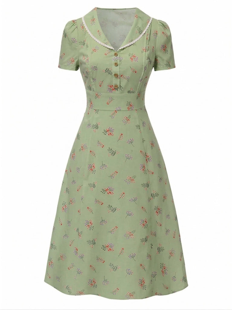 Beige 1940er Baumwolle Puffärmel Revers Blumen Kleid