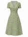 Beige 1940er Baumwolle Puffärmel Revers Blumen Kleid