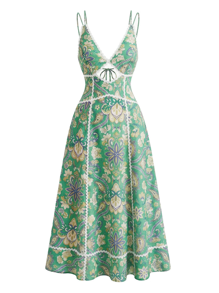 Grünes 70er Boho Midikleid mit Blumen und rückenfrei