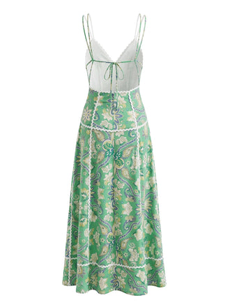 Grünes 70er Boho Midikleid mit Blumen und rückenfrei