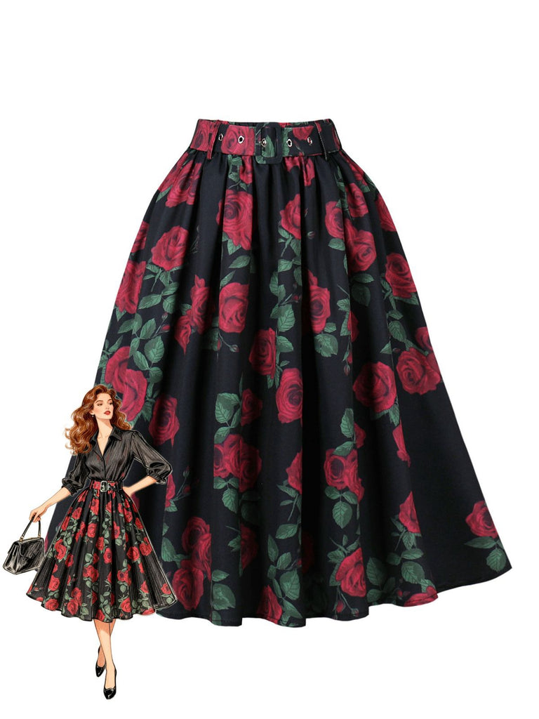 Roter 50er Plisseerock mit Rosen-Print