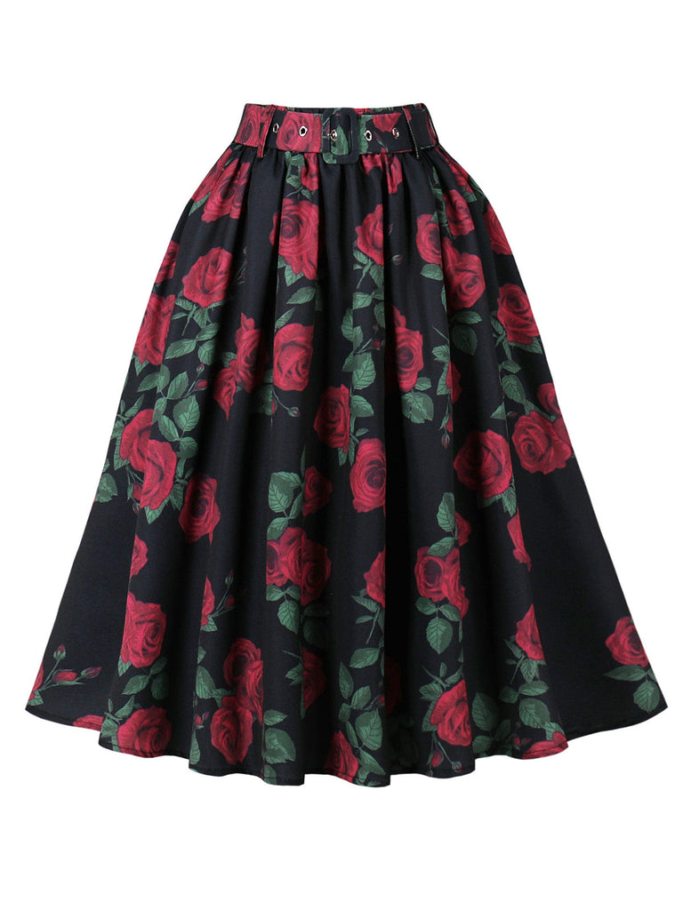 Roter 50er Plisseerock mit Rosen-Print