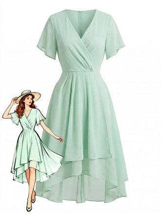 50er Chiffon-Kleid mit V-Ausschnitt und Rüschen