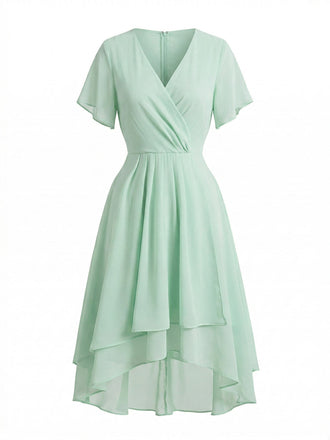 50er Chiffon-Kleid mit V-Ausschnitt und Rüschen