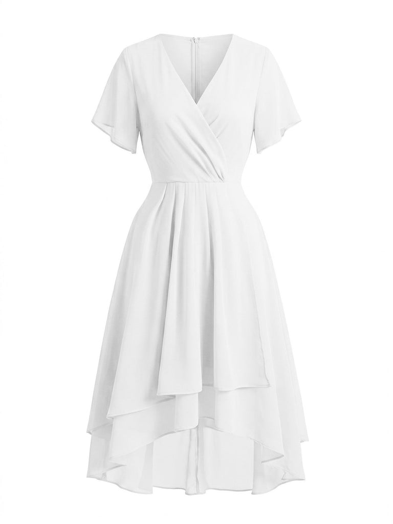 50er Chiffon-Kleid mit V-Ausschnitt und Rüschen