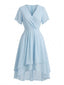 50er Chiffonkleid mit V-Ausschnitt und Rüschenärmeln in Blau