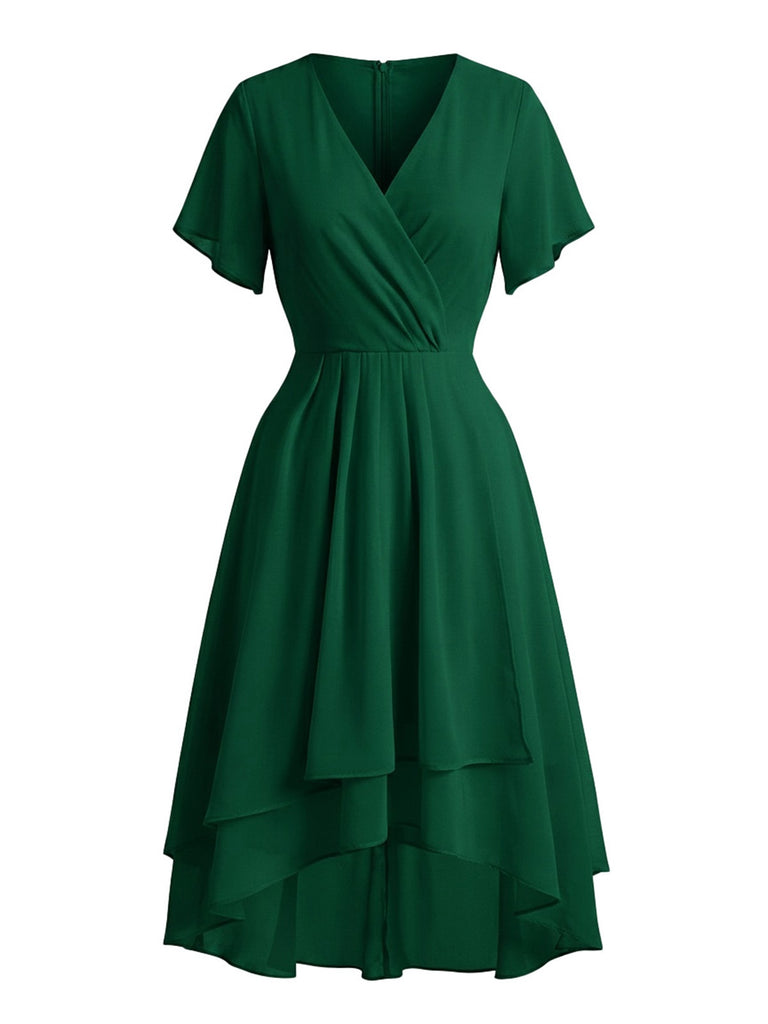 50er Chiffonkleid mit V-Ausschnitt und Rüschenärmeln in Blau
