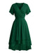 50er Chiffonkleid mit V-Ausschnitt und Rüschenärmeln in Blau