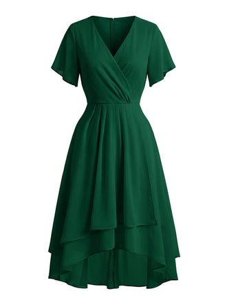 50er Chiffonkleid mit V-Ausschnitt und Rüschenärmeln in Dunkelgrün