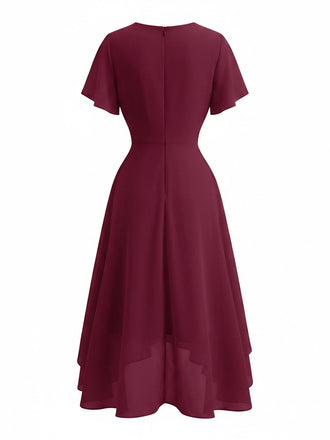 50er Chiffonkleid mit V-Ausschnitt und Rüschenärmeln in Weinrot