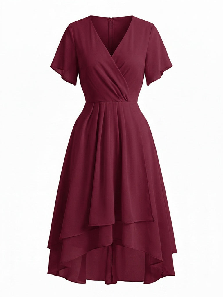 50er Chiffonkleid mit V-Ausschnitt und Rüschenärmeln