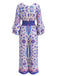 Blauer 70er Boho-Jumpsuit mit Streublumen und Trompetenärmeln