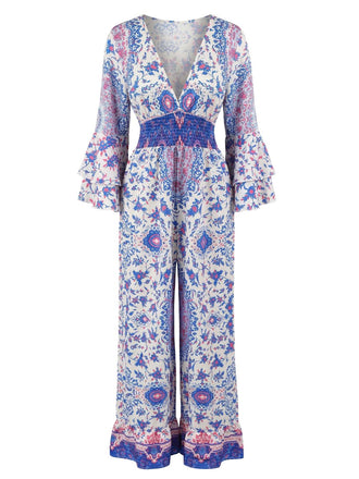 Blauer 70er Boho-Jumpsuit mit Streublumen und Trompetenärmeln
