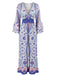 Blauer 70er Boho-Jumpsuit mit Streublumen und Trompetenärmeln
