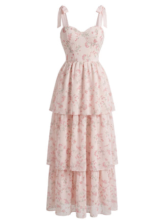 Rosa 40er Netz-Midikleid mit Blumen und Bindeband