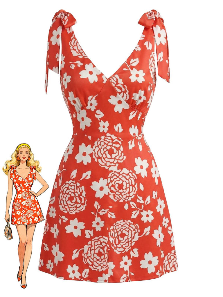 Orange 70er Minikleid mit Blumen und V-Ausschnitt