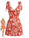 Orange 70er Minikleid mit Blumen und V-Ausschnitt