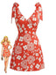 Orange 70er Minikleid mit Blumen und V-Ausschnitt