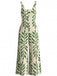 Grüner 60er Jumpsuit mit Spaghettiträgern und tropischem Blätter-Print