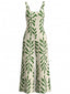 Grüner 60er Jumpsuit mit Spaghettiträgern und tropischem Blätter-Print