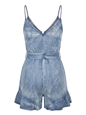 50er Vintage Jeans-Romper mit Rüschen und Taillenbinde