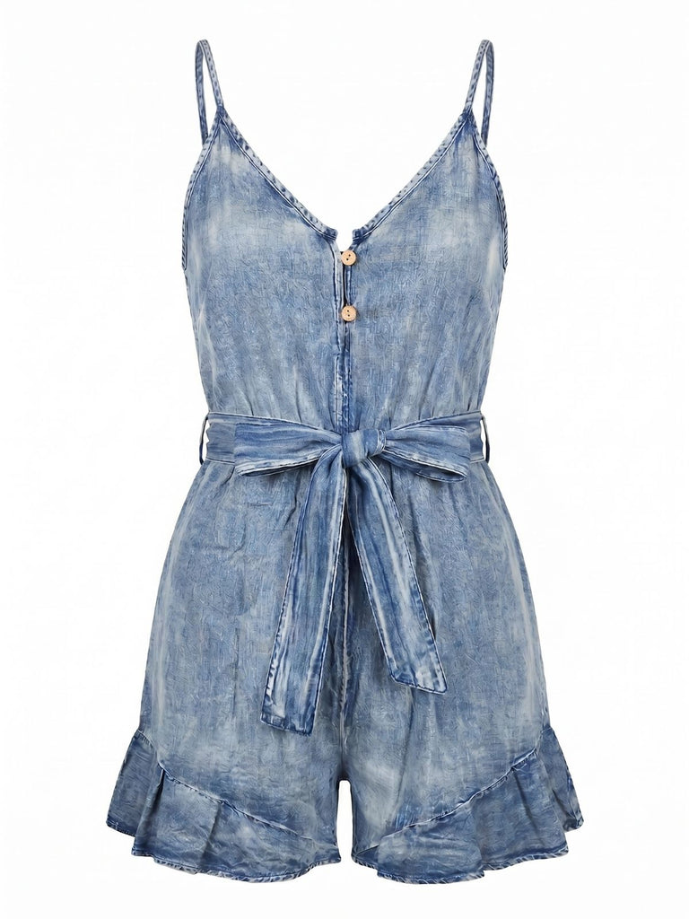 50er Vintage Jeans-Romper mit Rüschen und Taillenbinde