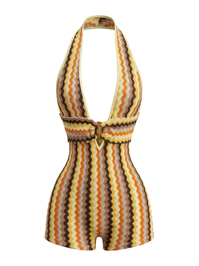 Mehrfarbiger 70er Strick-Romper mit Zickzack und Neckholder