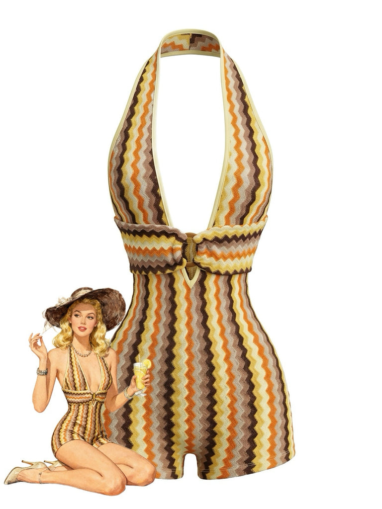 Mehrfarbiger 70er Strick-Romper mit Zickzack und Neckholder