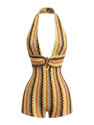 Mehrfarbiger 70er Strick-Romper mit Zickzack und Neckholder