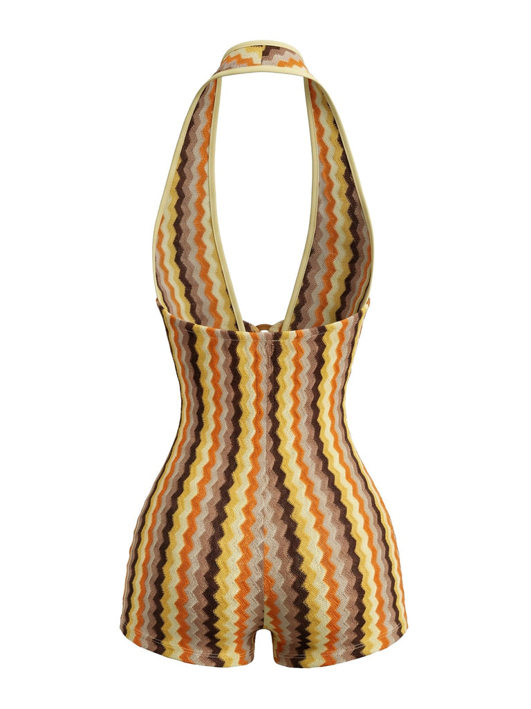 Mehrfarbiger 70er Strick-Romper mit Zickzack und Neckholder