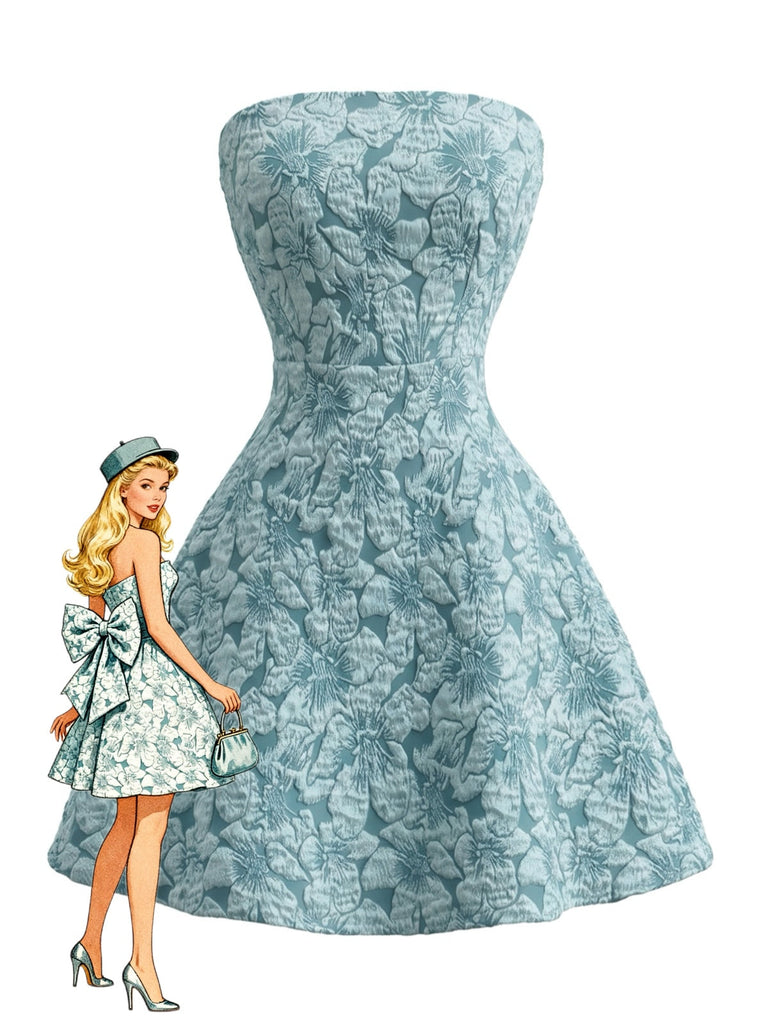 Blaues 60er Trägerloses Minikleid mit Blumen und Schleife