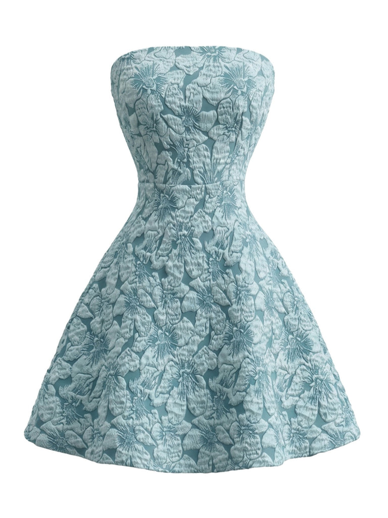 Blaues 60er Trägerloses Minikleid mit Blumen und Schleife