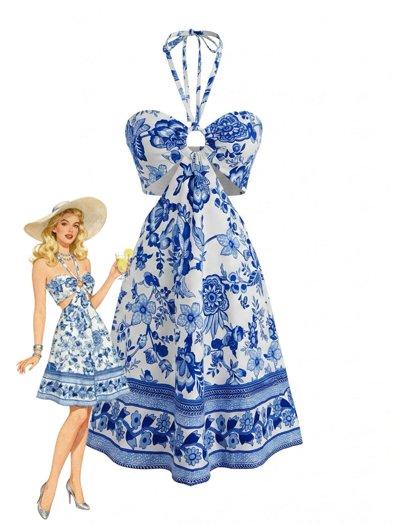 Kobaltblaues 50er Kleid mit Cut-Out und Blumen