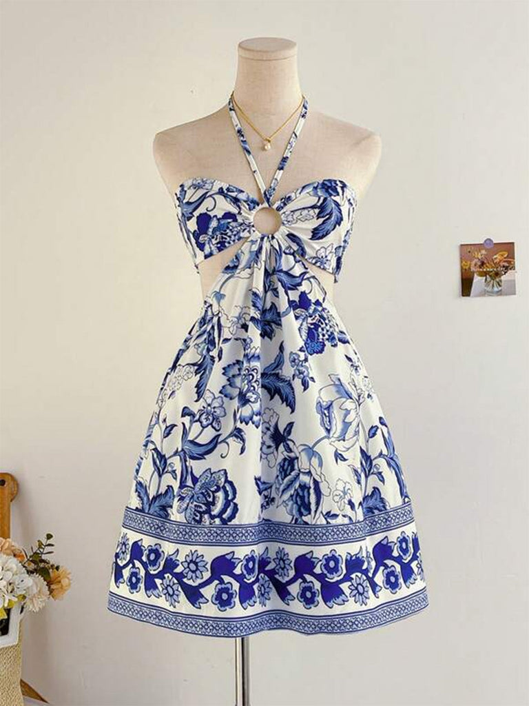 Kobaltblaues 50er Kleid mit Cut-Out und Blumen