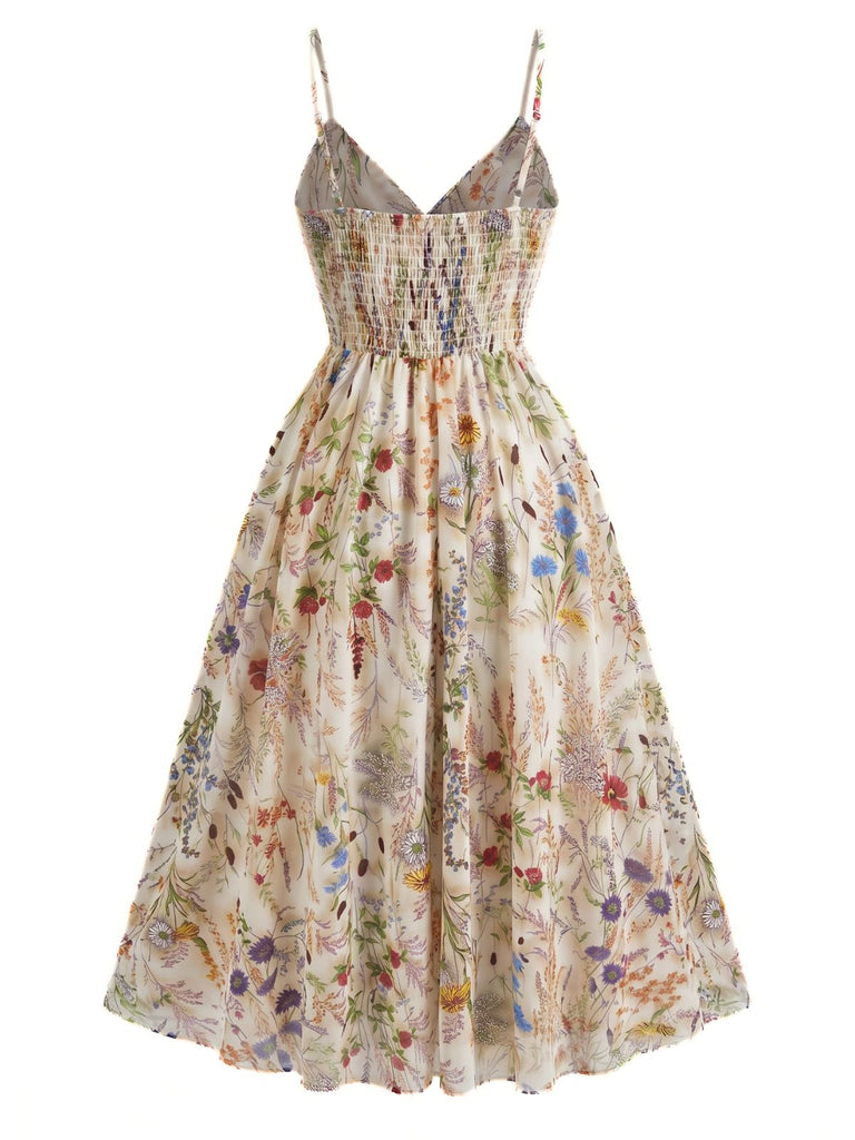 [Übergröße] 30er Slip-Kleid mit Blumen und V-Ausschnitt in Multicolor