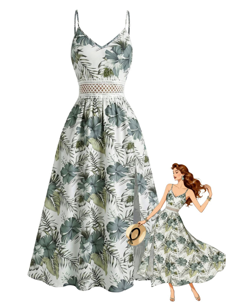 Grünes 70er Tropen Boho Kleid mit Blumen und Cami