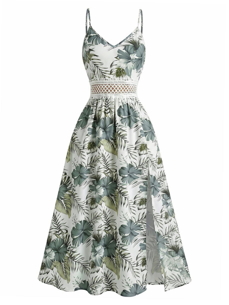 Grünes 70er Tropen Boho Kleid mit Blumen und Cami