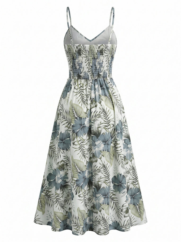 Grünes 70er Tropen Boho Kleid mit Blumen und Cami