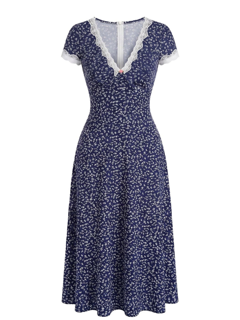 Dunkelblaues 40er Kleid mit V-Ausschnitt und Blumen