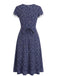 Dunkelblaues 40er Kleid mit V-Ausschnitt und Blumen