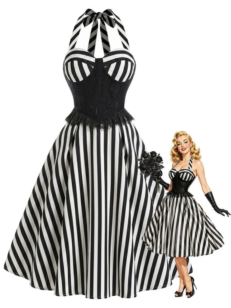 Schwarzes 50er Swingkleid mit Spitze und Neckholder
