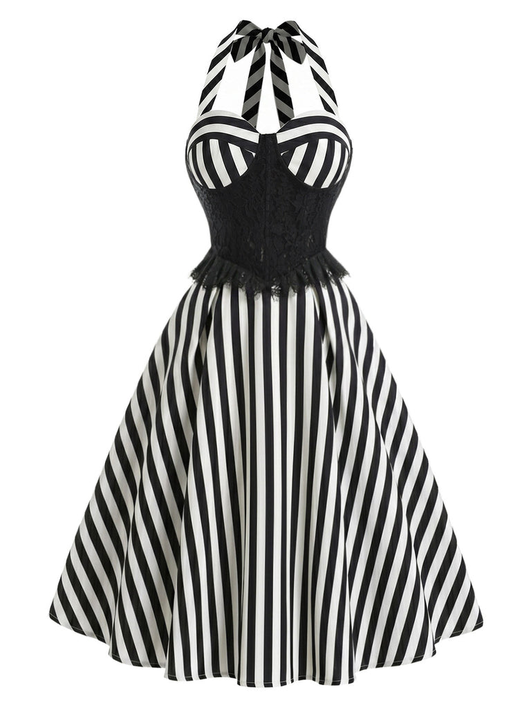 Schwarzes 50er Swingkleid mit Spitze und Neckholder