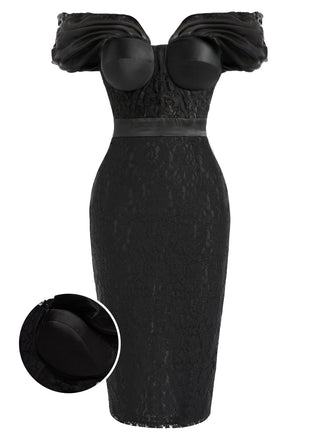 Schwarzes 60er Midikleid mit Blumen-Spitze