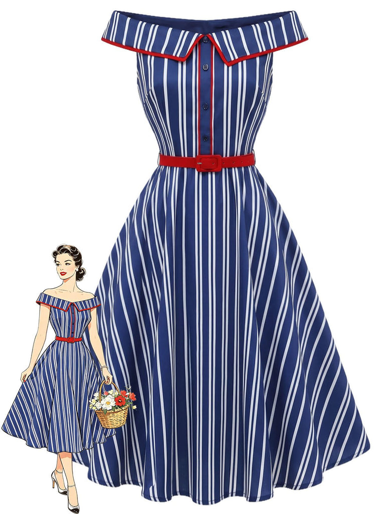 [Vorverkauf] Blaues 50er schulterfreies Swingkleid mit Streifen
