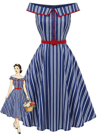 [Vorverkauf] Blaues 50er schulterfreies Swingkleid mit Streifen