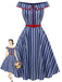 [Vorverkauf] Blaues 50er schulterfreies Swingkleid mit Streifen